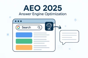 Ilustración sobre Answer Engine Optimization (AEO) en 2025, mostrando cómo un buscador de IA generativa transforma resultados web en respuestas automáticas, clave para estrategias SEO modernas.