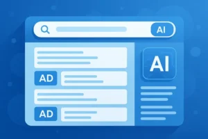 Ilustración conceptual de resultados de búsqueda generados por IA con anuncios integrados, mostrando cómo la inteligencia artificial presenta respuestas y espacios publicitarios en 2025